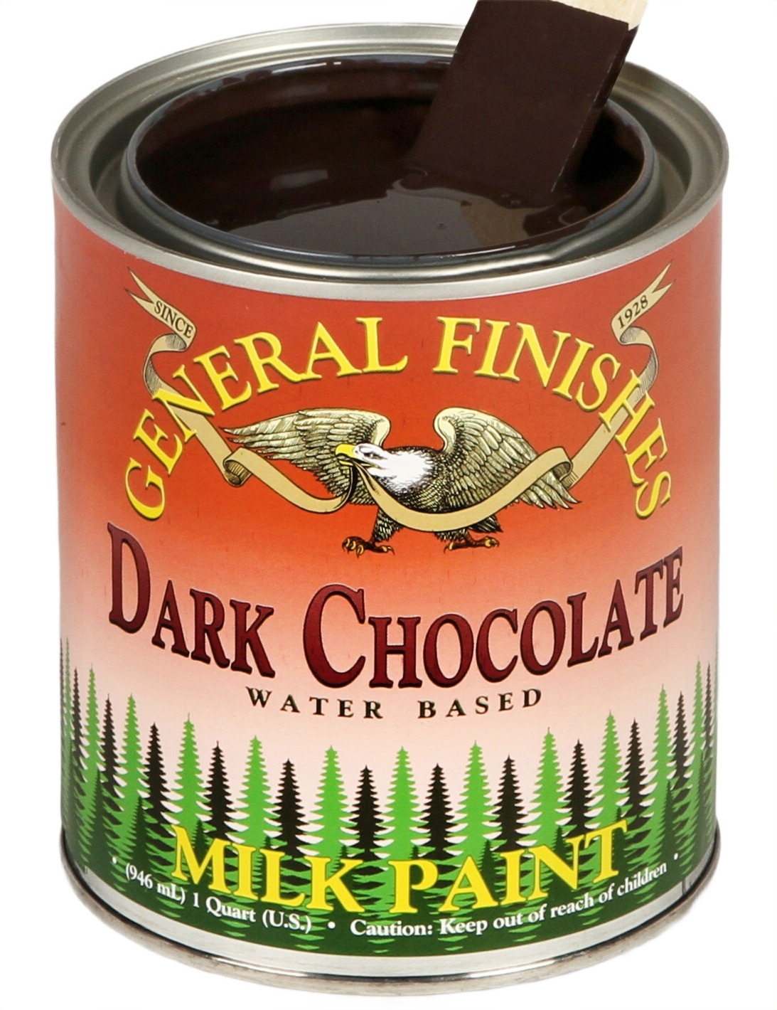 Open quart of dark chocolate water based milk paint by General Finishes with brush inside, specialty paint and supplies collection