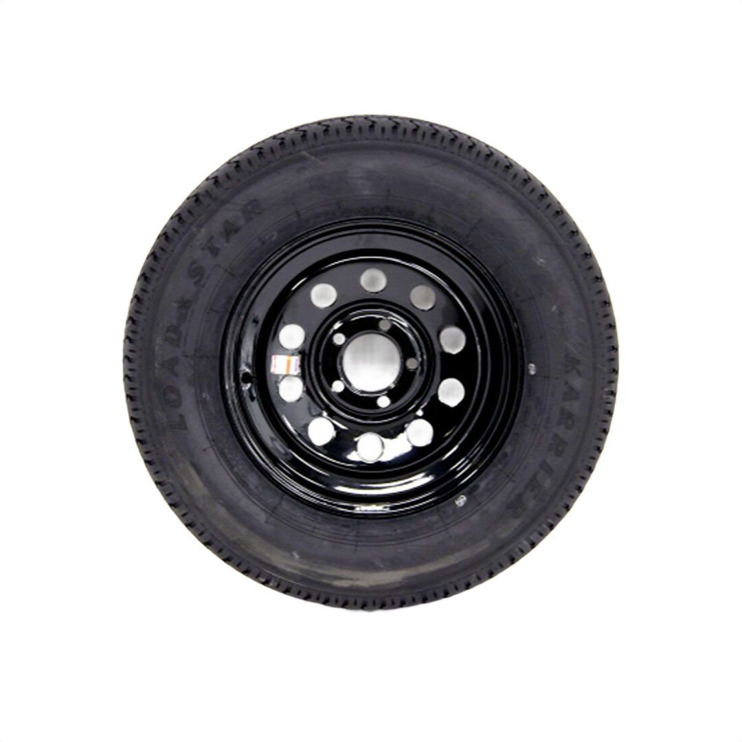 Black steel rim spare tire with durable tread suitable for trailer use in tools and home improvement projects