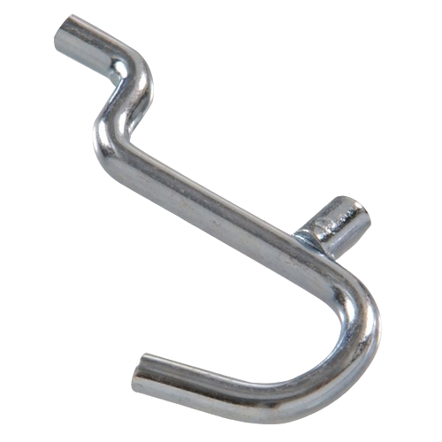 Zinc-plated curved peg hook designed for organizing tools and storage in hardware and home improvement settings
