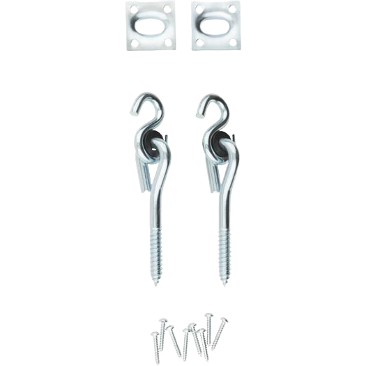 Two zinc-plated steel swing hooks with lag screws, mounting plates, and screws for home improvement projects