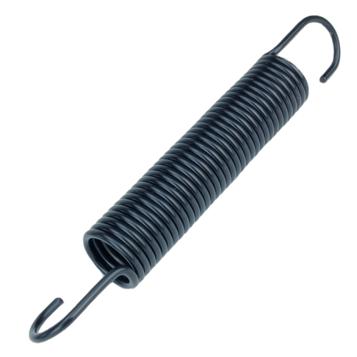 Coiled black metal extension spring with hooked ends for durable equipment repair in John Deere parts collection
