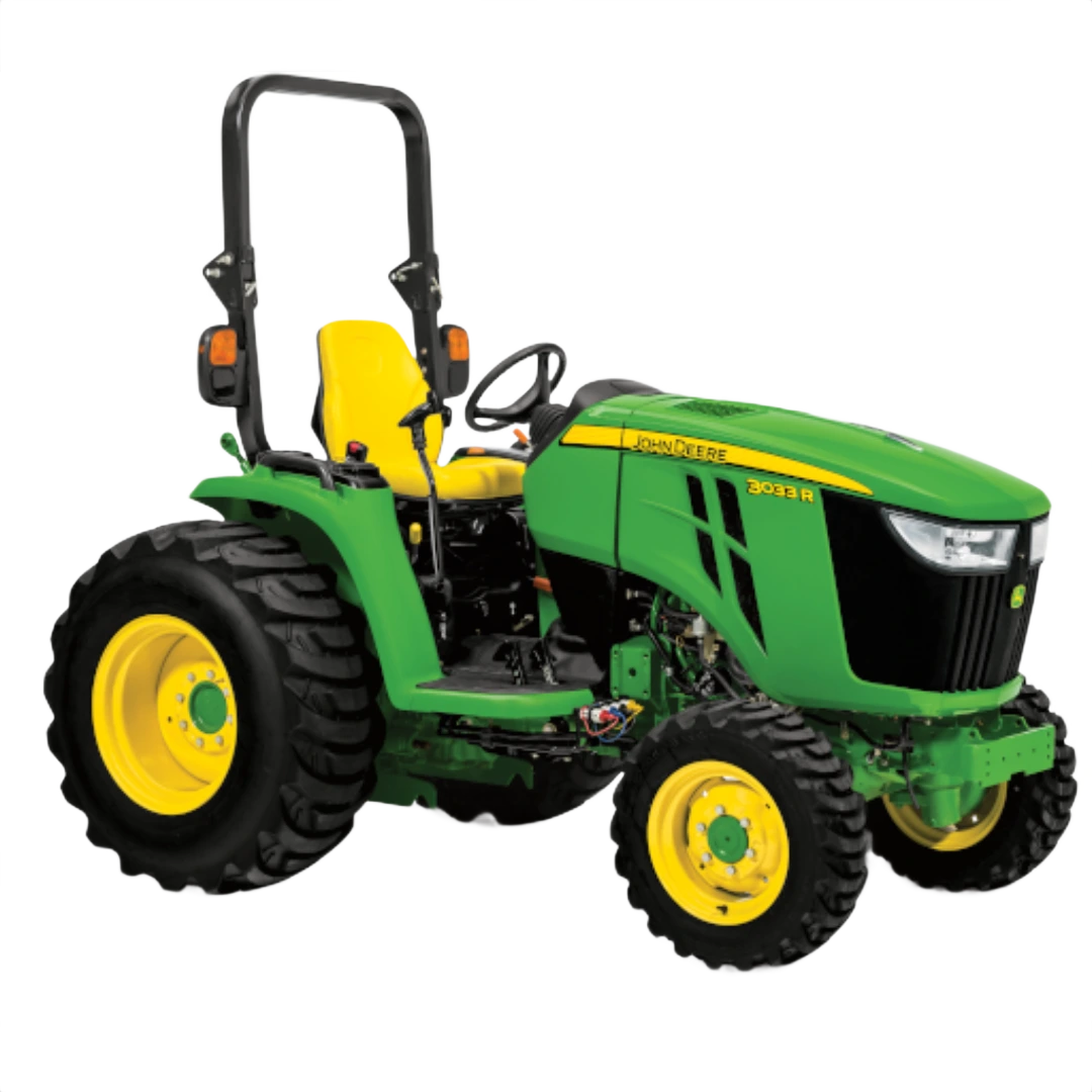 Green and yellow John Deere 3033R Sub-Compact Tractor with rollover protection and rugged tires, featured in Outdoor Power Equipment at Hartville Hardware.