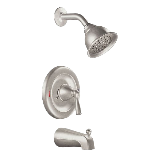 Brushed nickel tub and shower trim set with single handle lever, ideal for bathroom plumbing and home improvement.