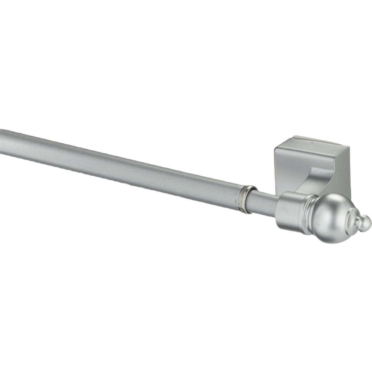 Satin silver metal magnetic cafe rod with decorative finial and wall-mount bracket for home improvement projects