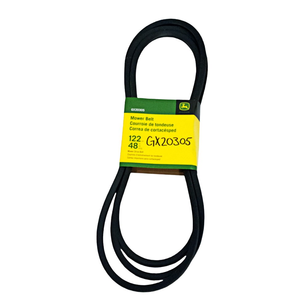 Black mower deck drive belt with yellow and green John Deere branded label for tools and home improvement