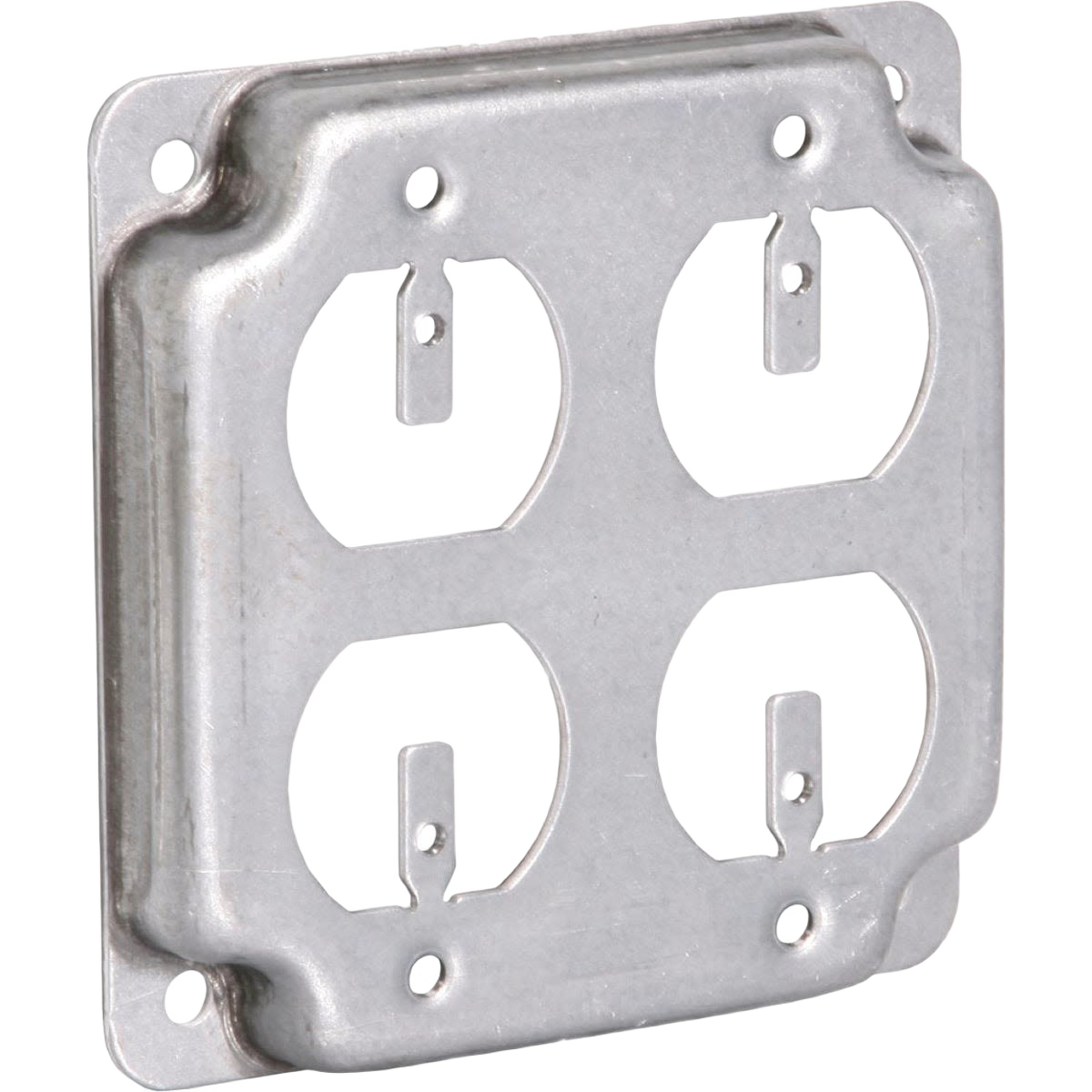 Galvanized steel square cover plate for duplex electrical outlet with four mounting holes for secure installation