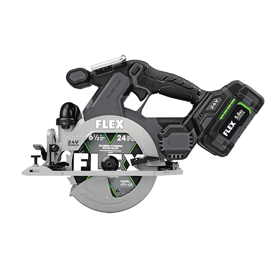 Cordless brushless 24V in-line circular saw with 6-1/2 inch blade for precision cutting in home improvement tasks
