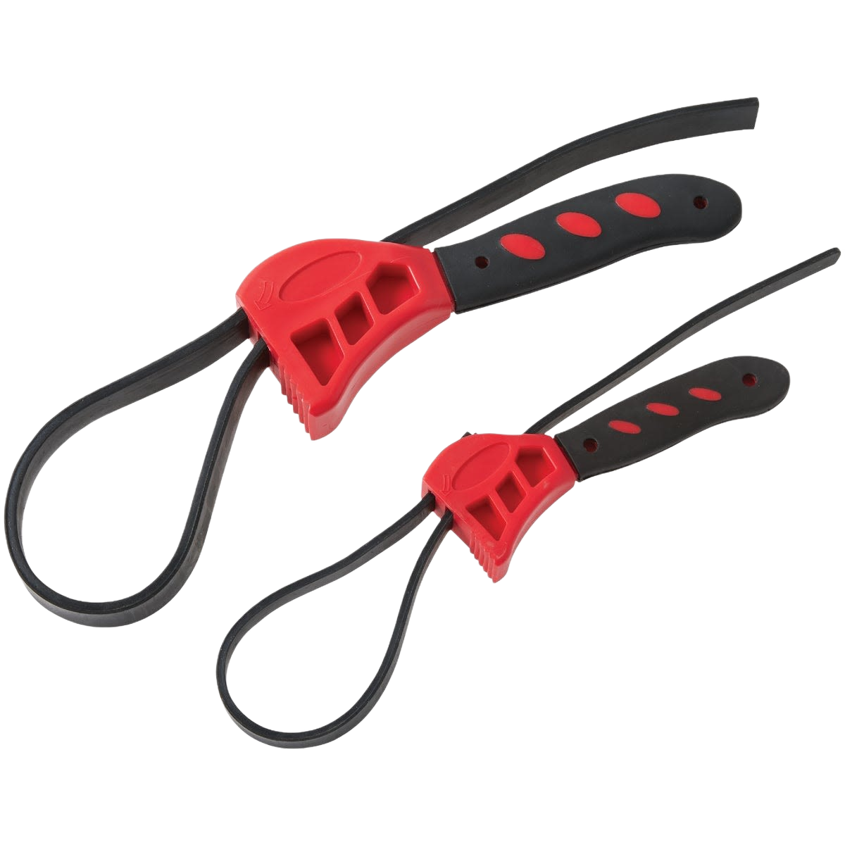 Two red and black strap wrenches with ergonomic handles, for use in hand tools and home improvement projects.