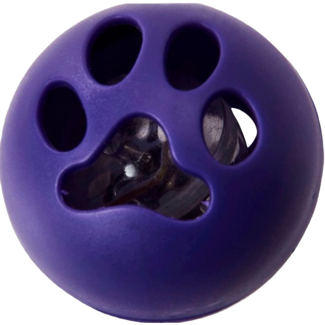 Round purple LED cat toy ball with paw-shaped cutout and inner bell for engaging pet playtime