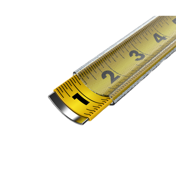 Close-up of yellow nylon-coated steel tape measure blade showing first five inches for woodworking and home improvement tools collections