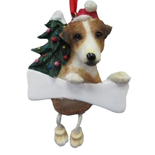 Ornament of Jack Russell dog with dangling legs wearing Santa hat and holding a Christmas tree and bone decoration