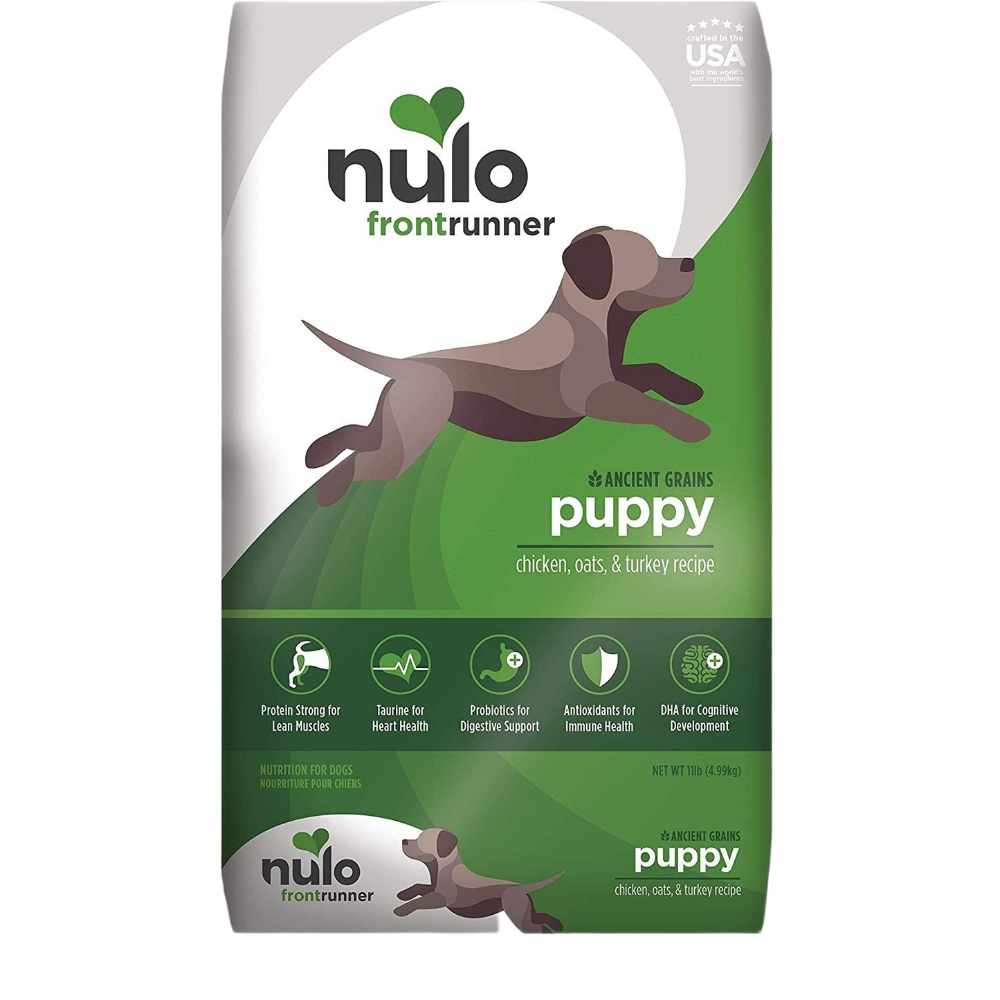 Green and white bag of Nulo FrontRunner puppy dry dog food with chicken, oats, and turkey recipe, 11 lb.