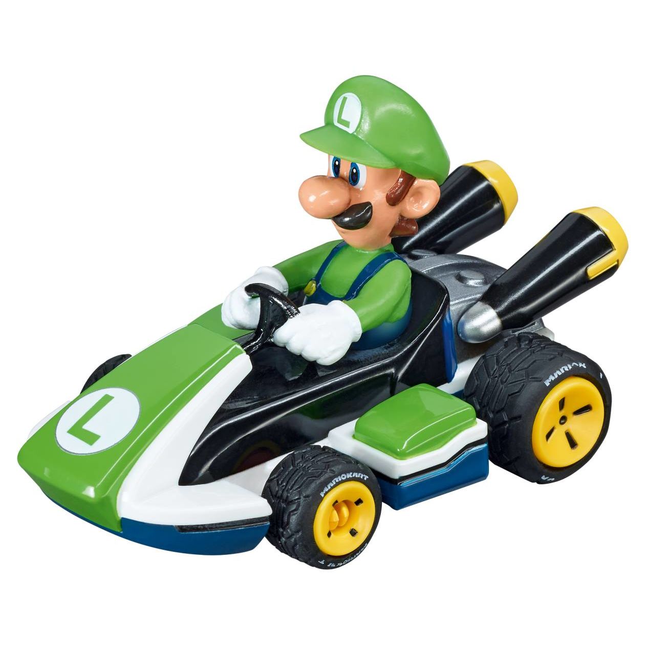 Green and white slot car featuring a Luigi character wearing a cap and driving suit with yellow-accented wheels