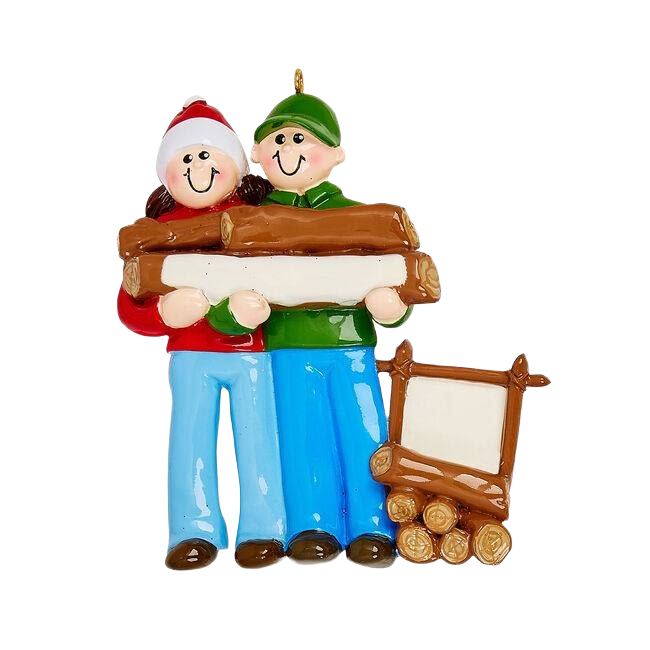 Smiling couple holding logs together with a small wooden sign, festive Christmas ornament under $50 collection