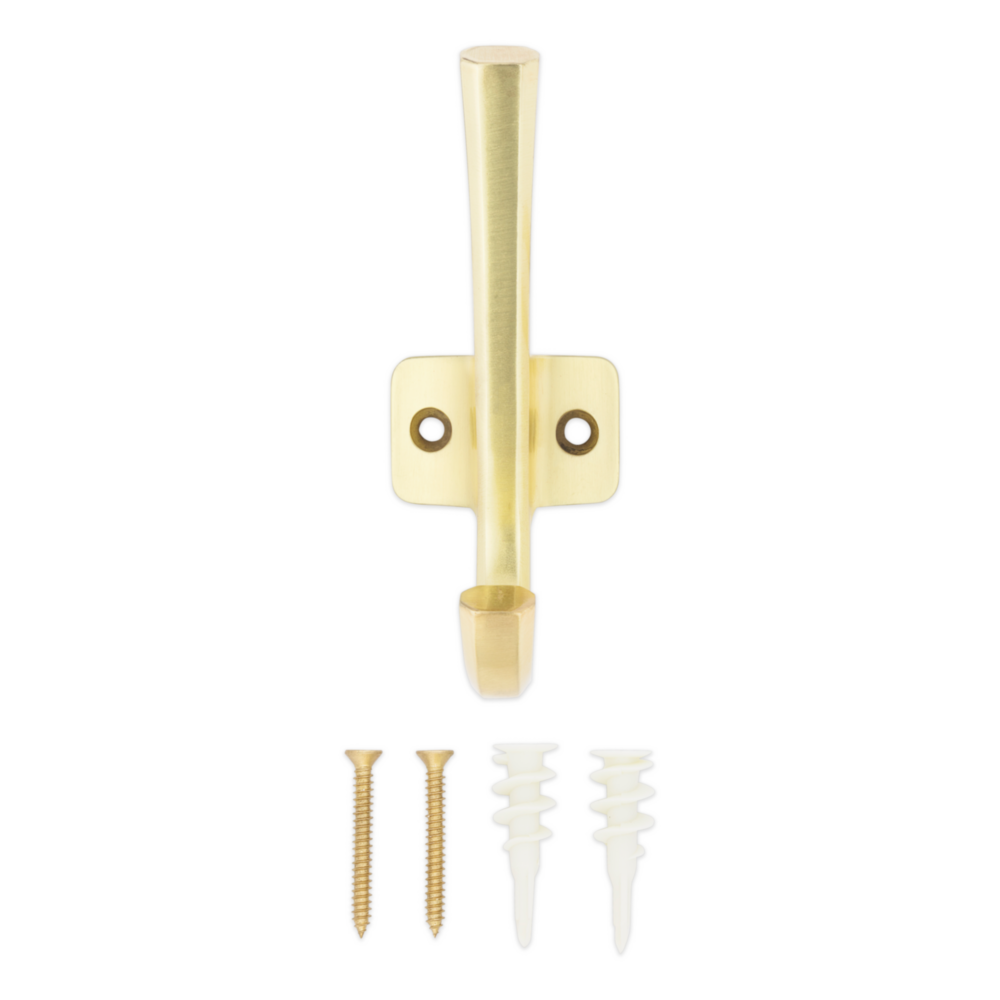 Brushed gold angled hook with mounting screws and drywall anchors for storage and organization under $50 projects
