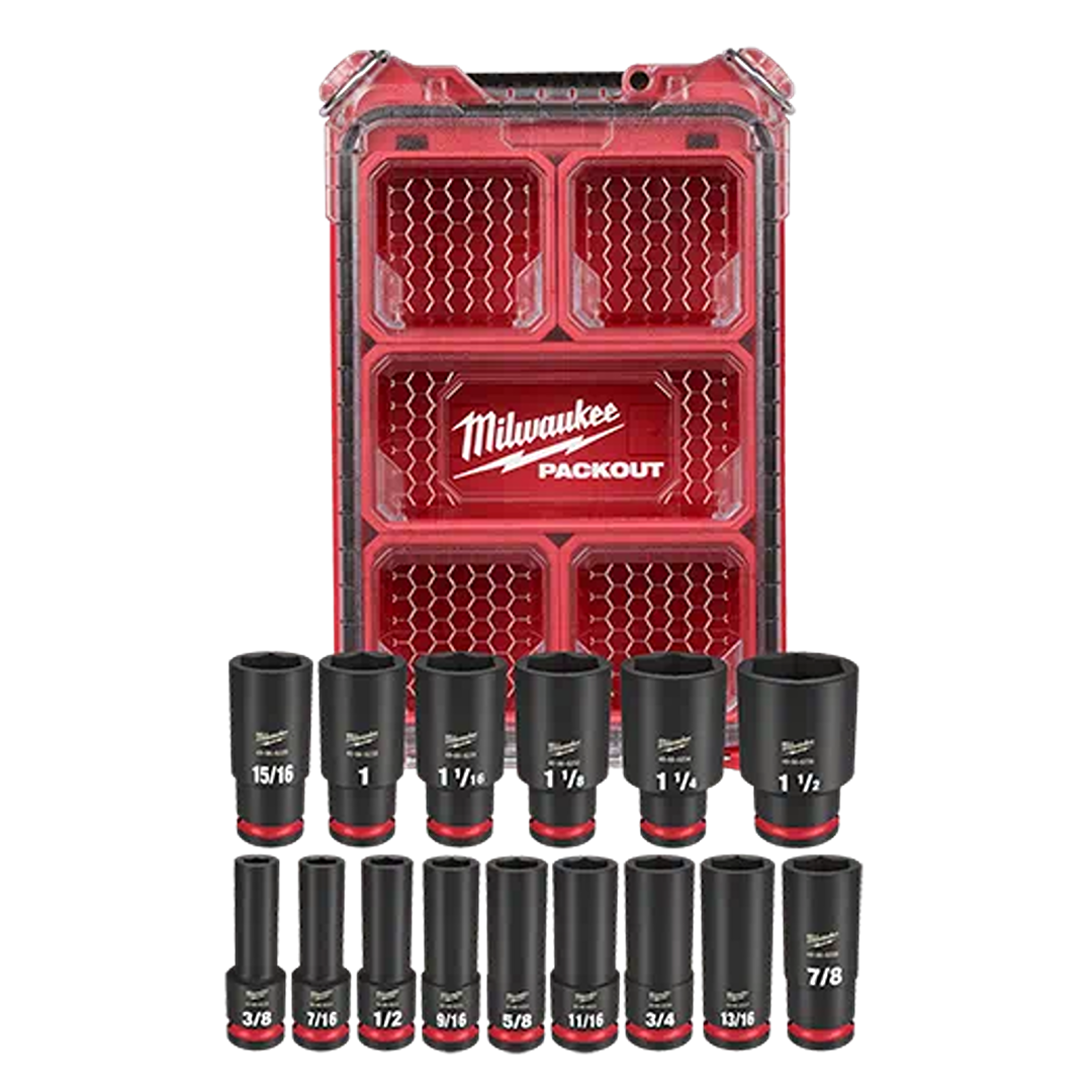 15-piece impact duty SAE socket set with black forged steel sockets and red PACKOUT™ storage case for hand tools collections