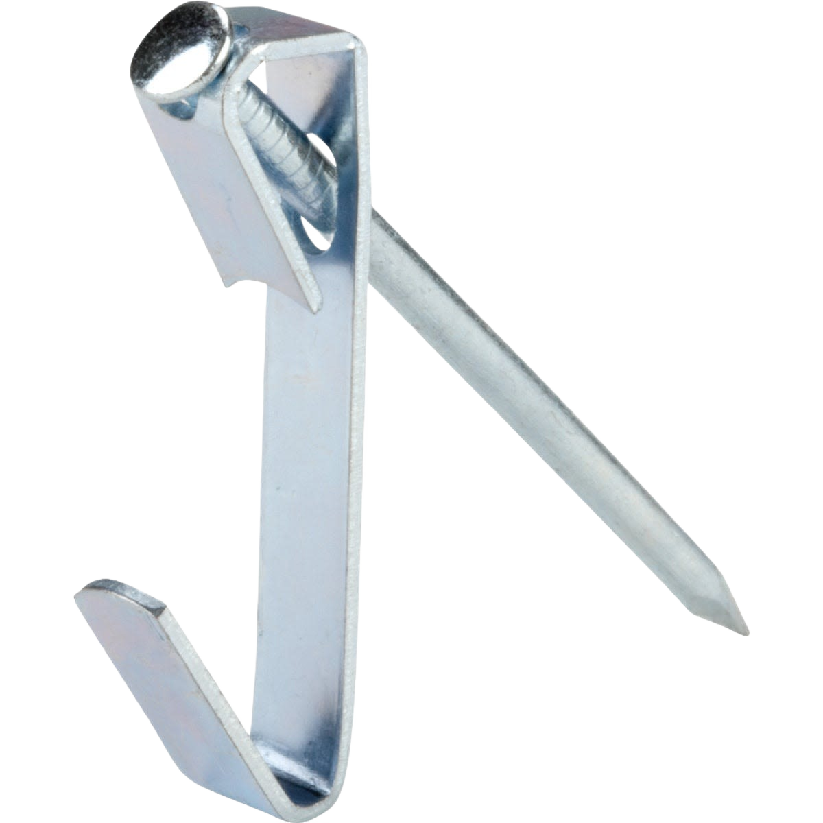 Steel picture hanger with sharp nail and angled hook for secure mounting in home improvement projects