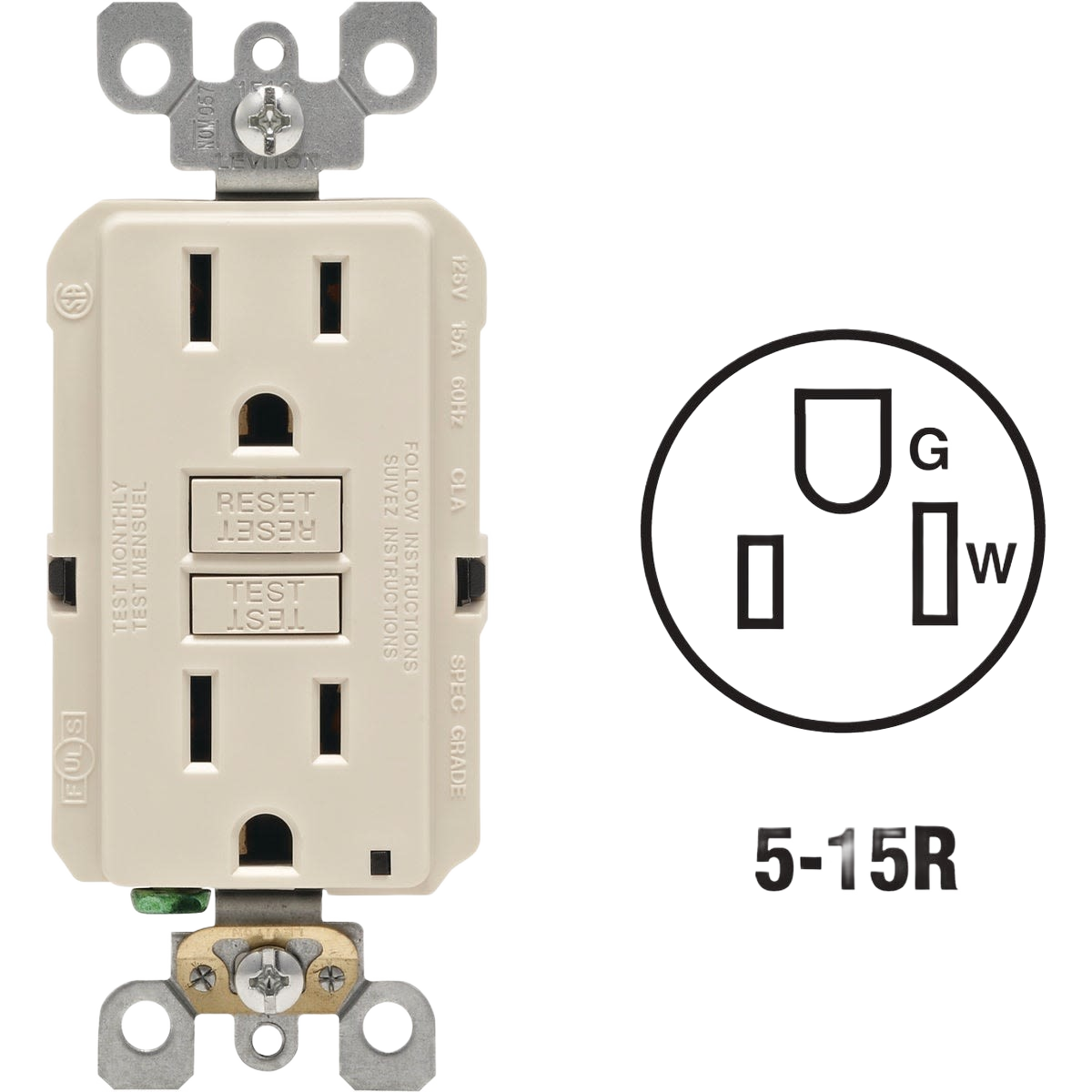 Light almond rounded electrical outlet with self-test and reset buttons for home improvement and electrical projects