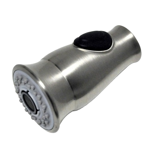 Brushed stainless steel pull-down faucet spray head with black button for plumbing repair and home improvement tasks