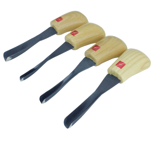 Set of four curved gouges with wooden handles designed for woodworking and carving under $100 tools collection