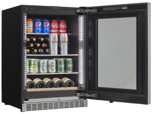 Compact black beverage center with glass door, LED lighting, adjustable shelves, and cans and bottles inside in Appliances collection