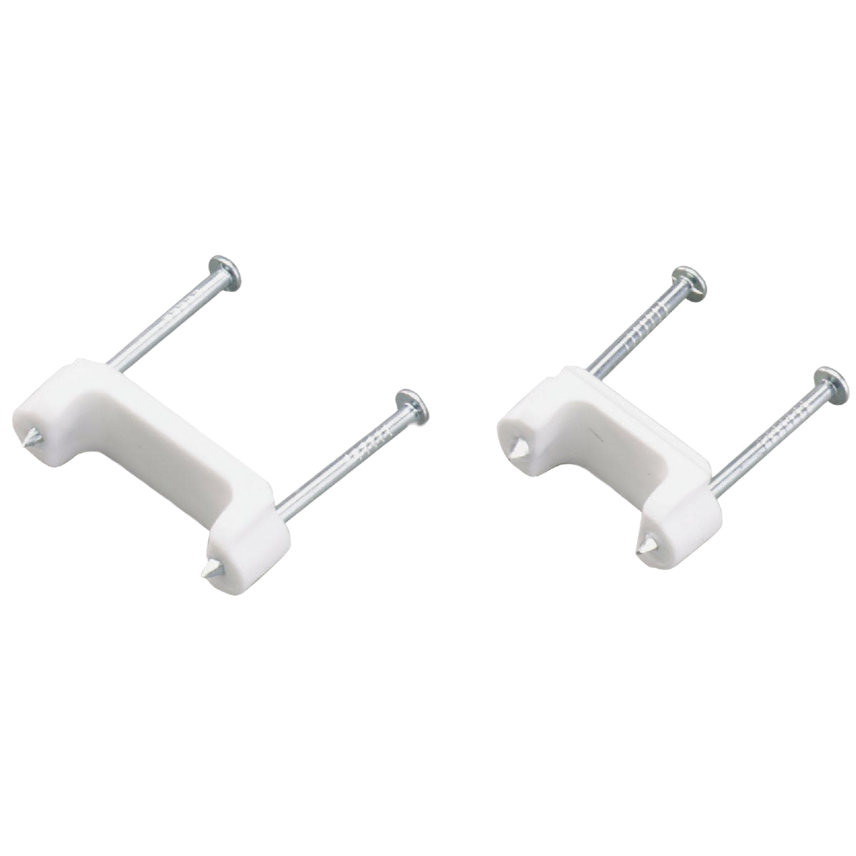 Two white insulated cable staples with nails for securing wires in electrical and home improvement projects