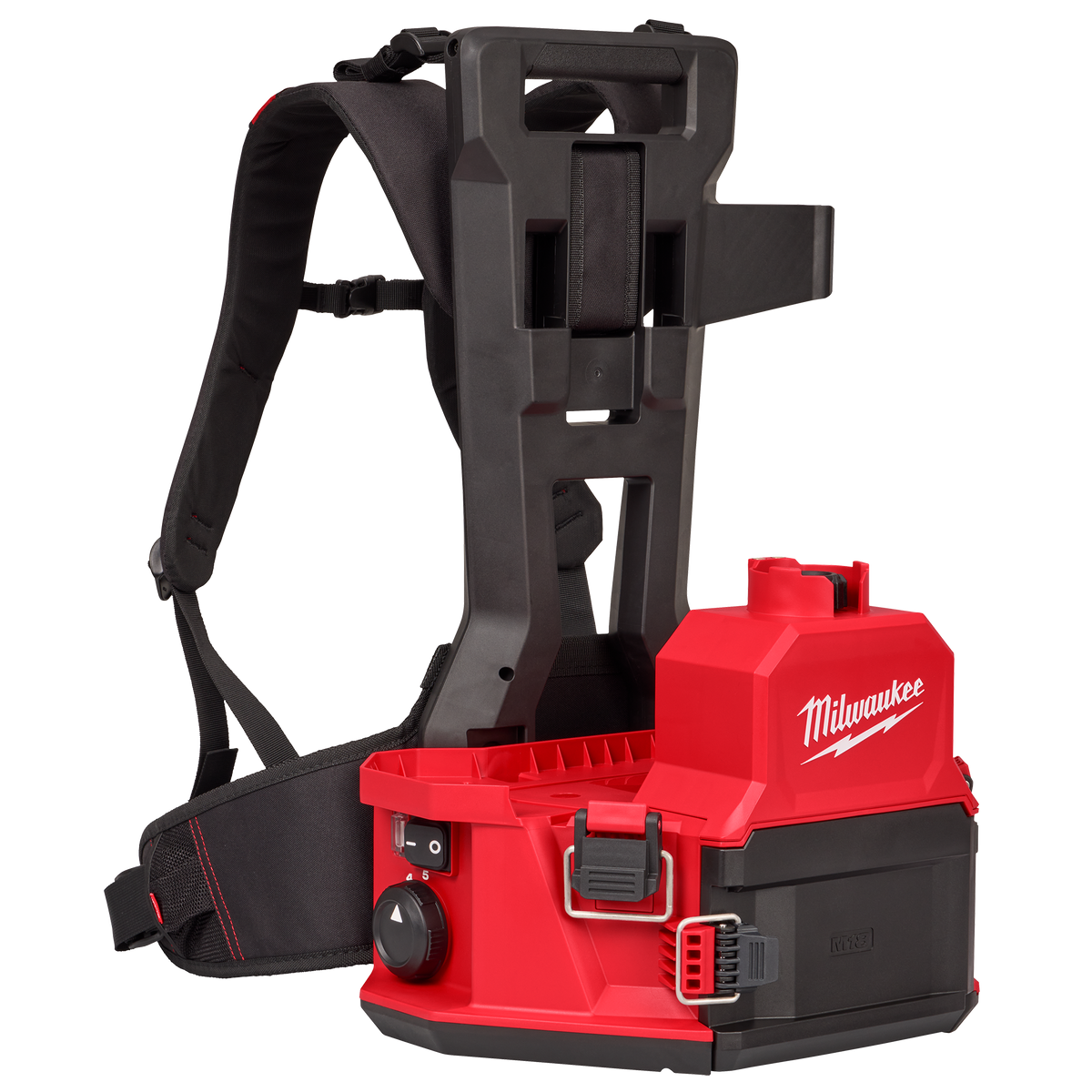 Red and black Milwaukee 4-gallon backpack sprayer with padded straps and ergonomic handle for home improvement tasks