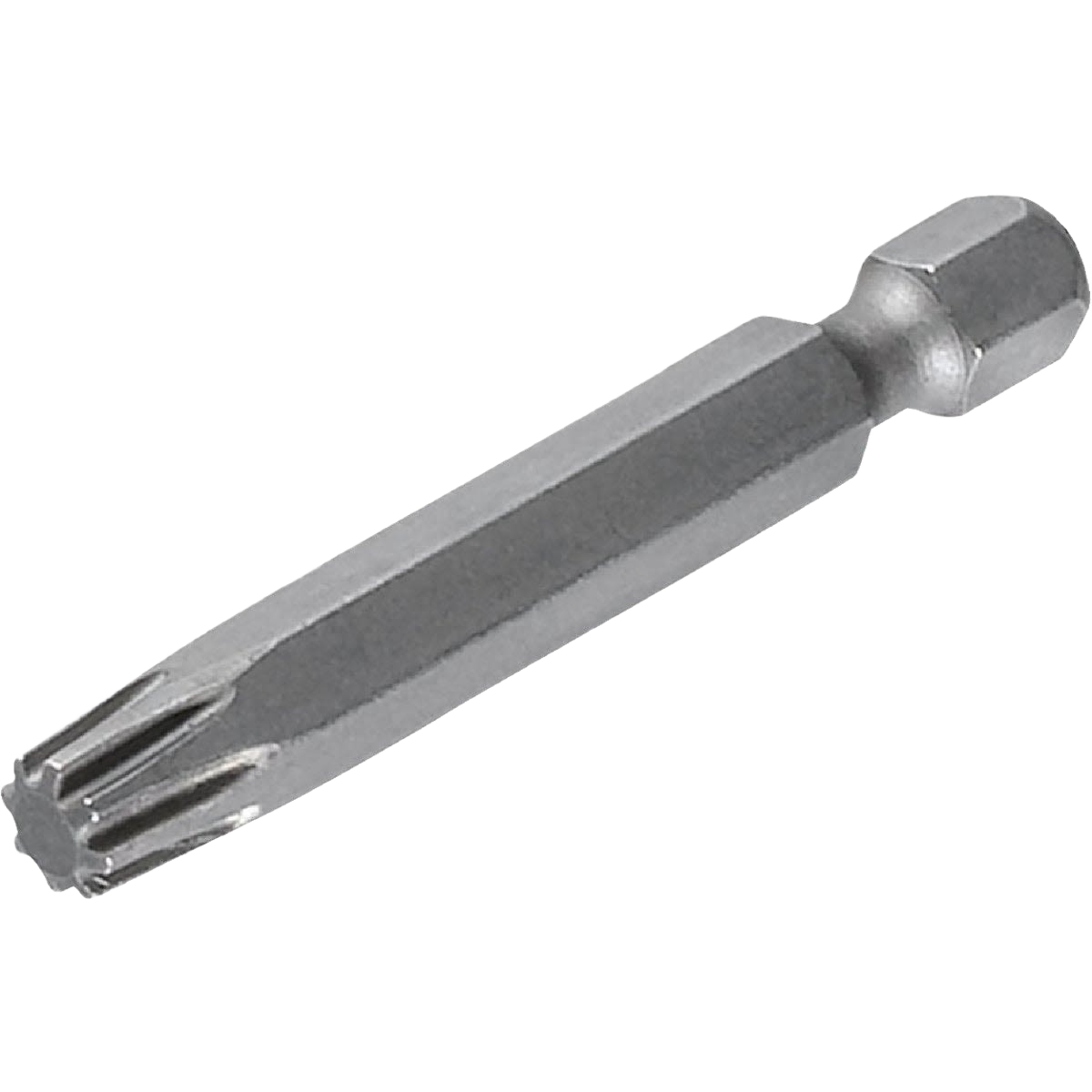 Silver metal power screwdriver bit with eight-point star tip for fastening in lumber and home improvement collections