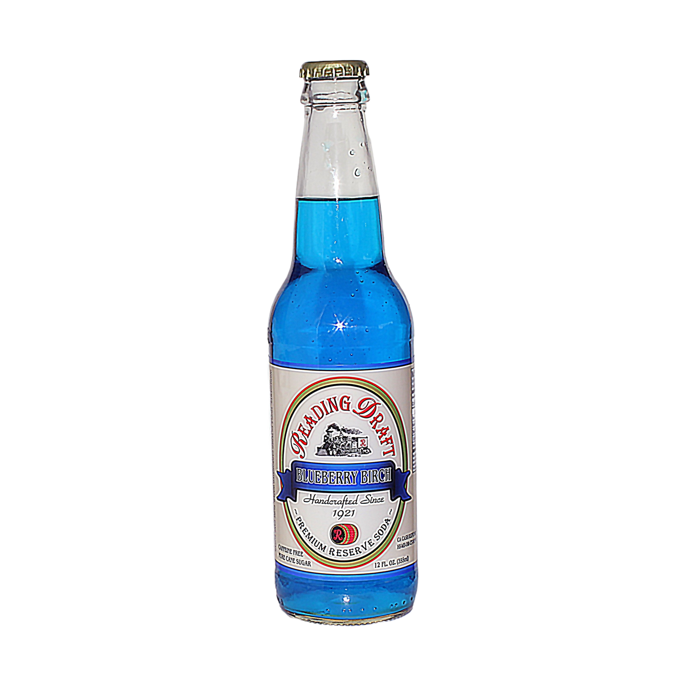 Glass bottle of blue handcrafted blueberry birch soda featuring vintage style label and gold crown cap
