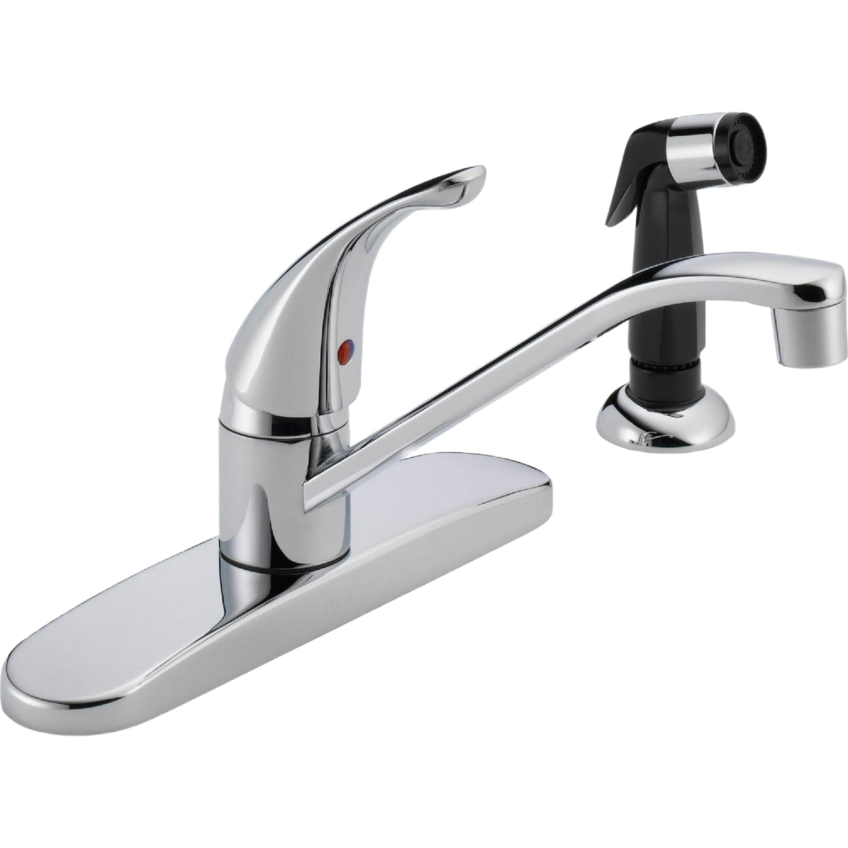 Chrome single-handle kitchen faucet with curved spout and black side sprayer for versatile sink use