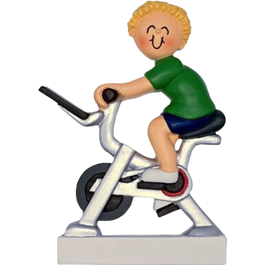 Blonde male figurine in green shirt riding stationary bike ornament for Christmas decorations under $50 collection