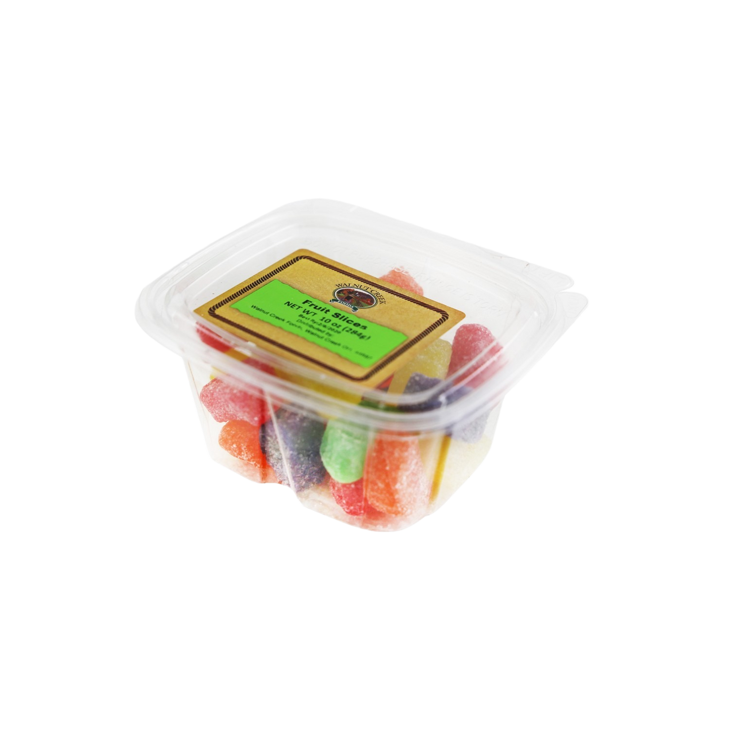 Clear plastic tub filled with colorful sugar-coated fruit slice gummies for Candy and Food & Beverage collections