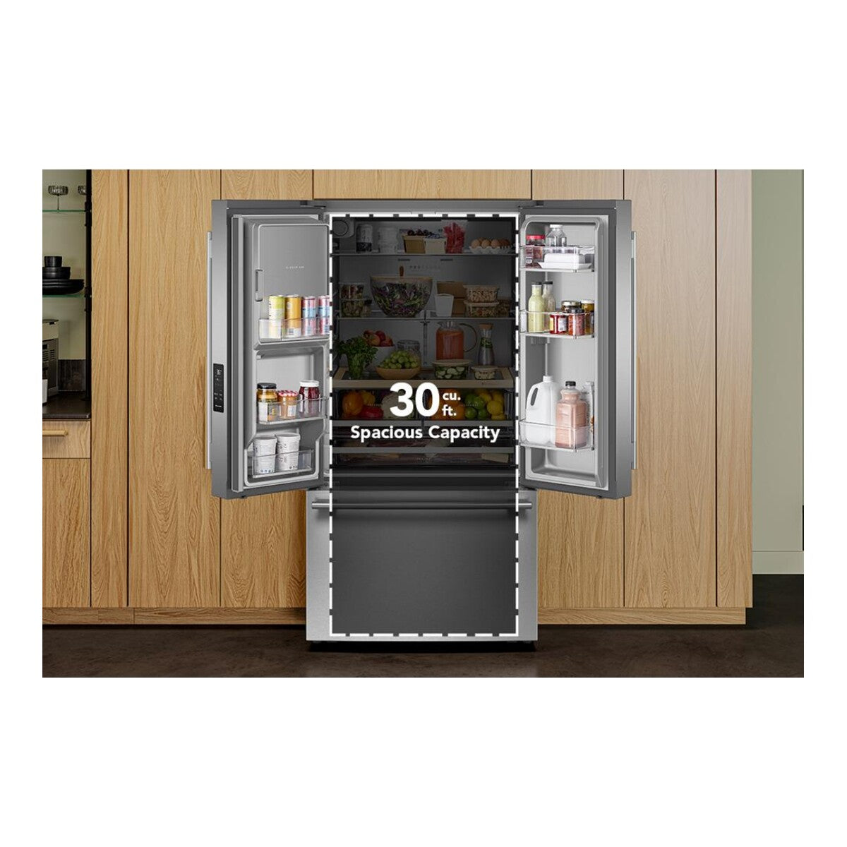 30 Cu. Ft. 36-Inch French Door Refrigerator with Exterior Water and Ice Dispenser and Wood-Look Sliding Tray in Black Ore