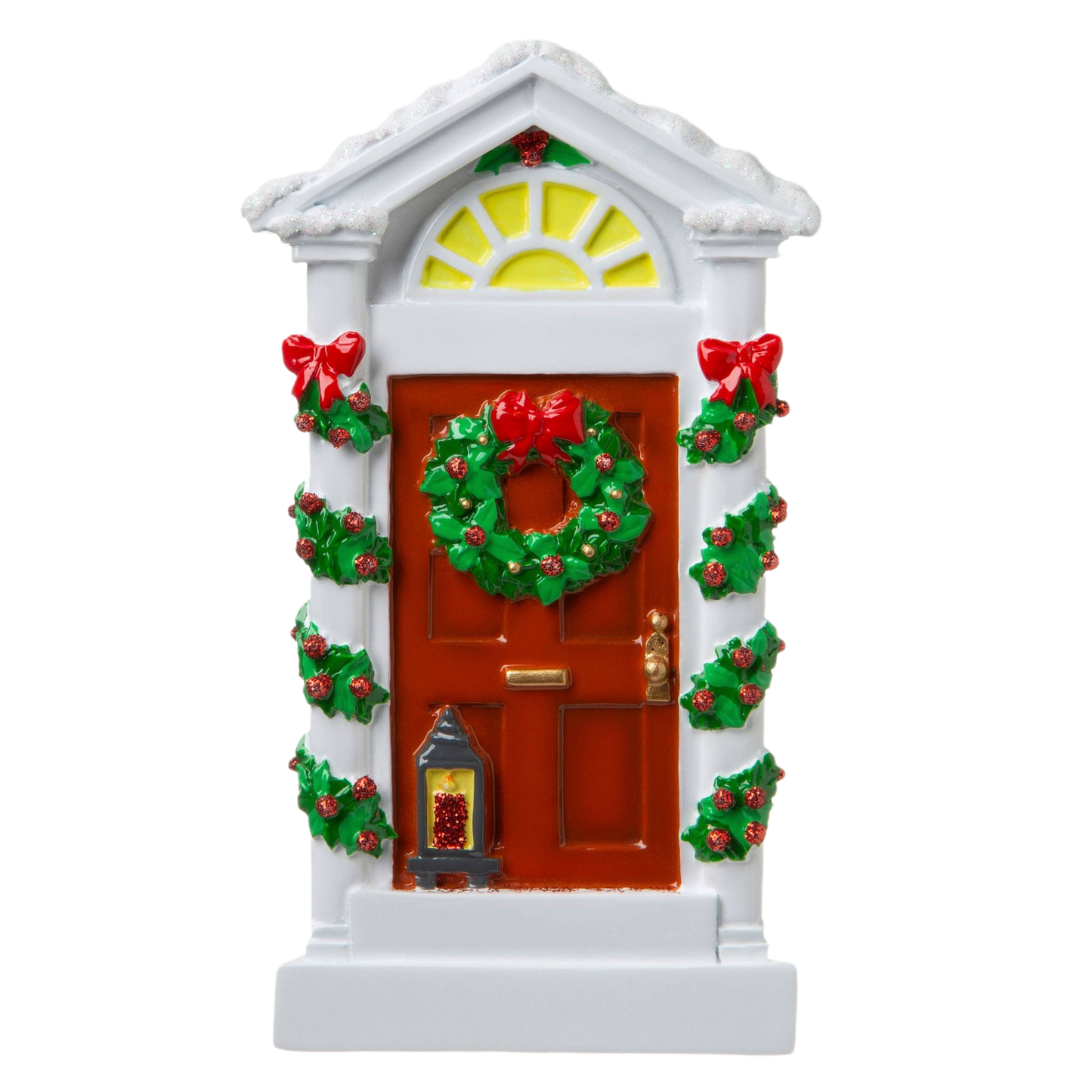 Festive historic door ornament with green wreath, red bows, and garland from Christmas Ornaments & Tree Decorations collection