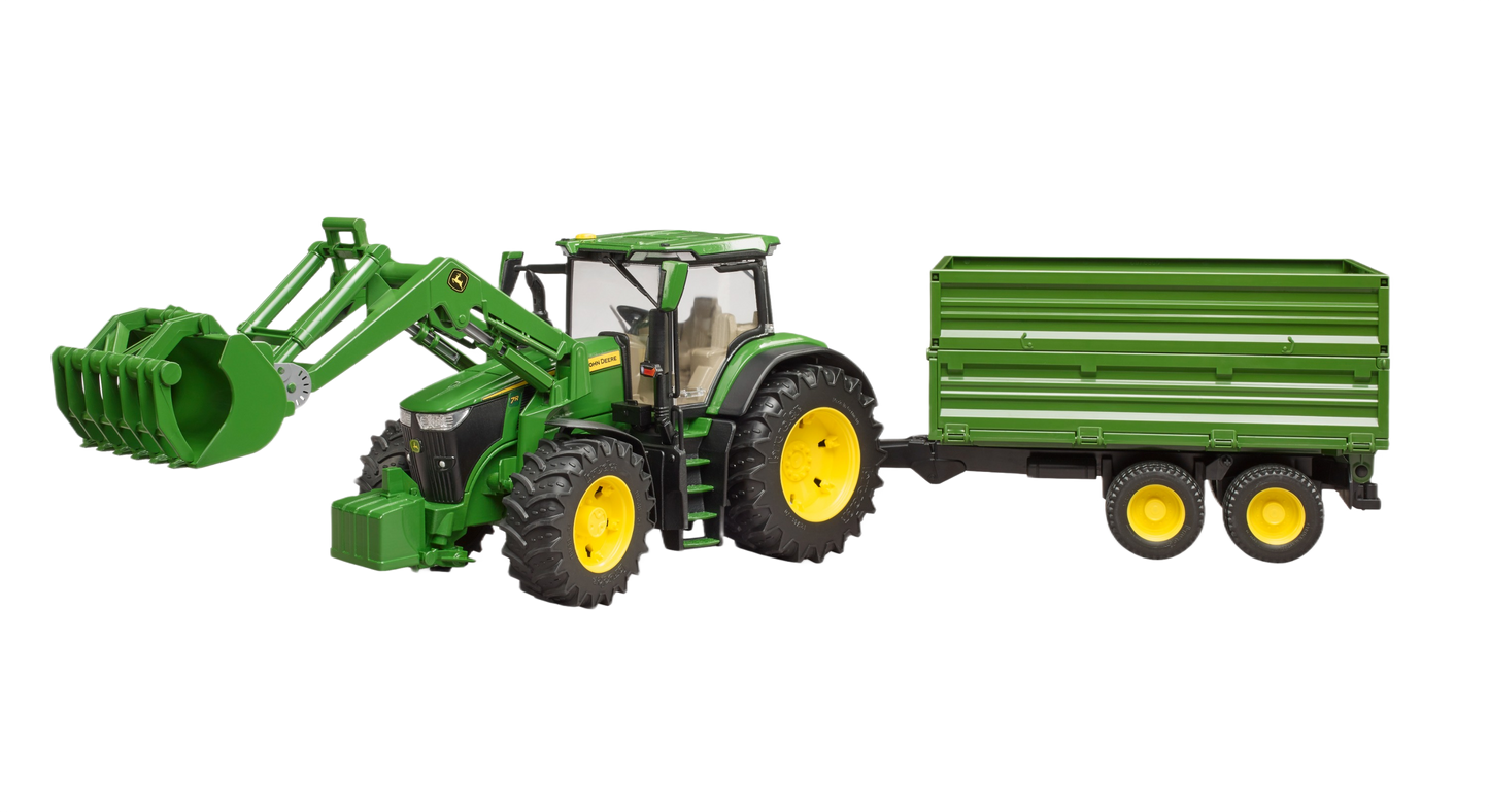 Green model tractor with front loader and connected tipping trailer for farm and garden role-play sets