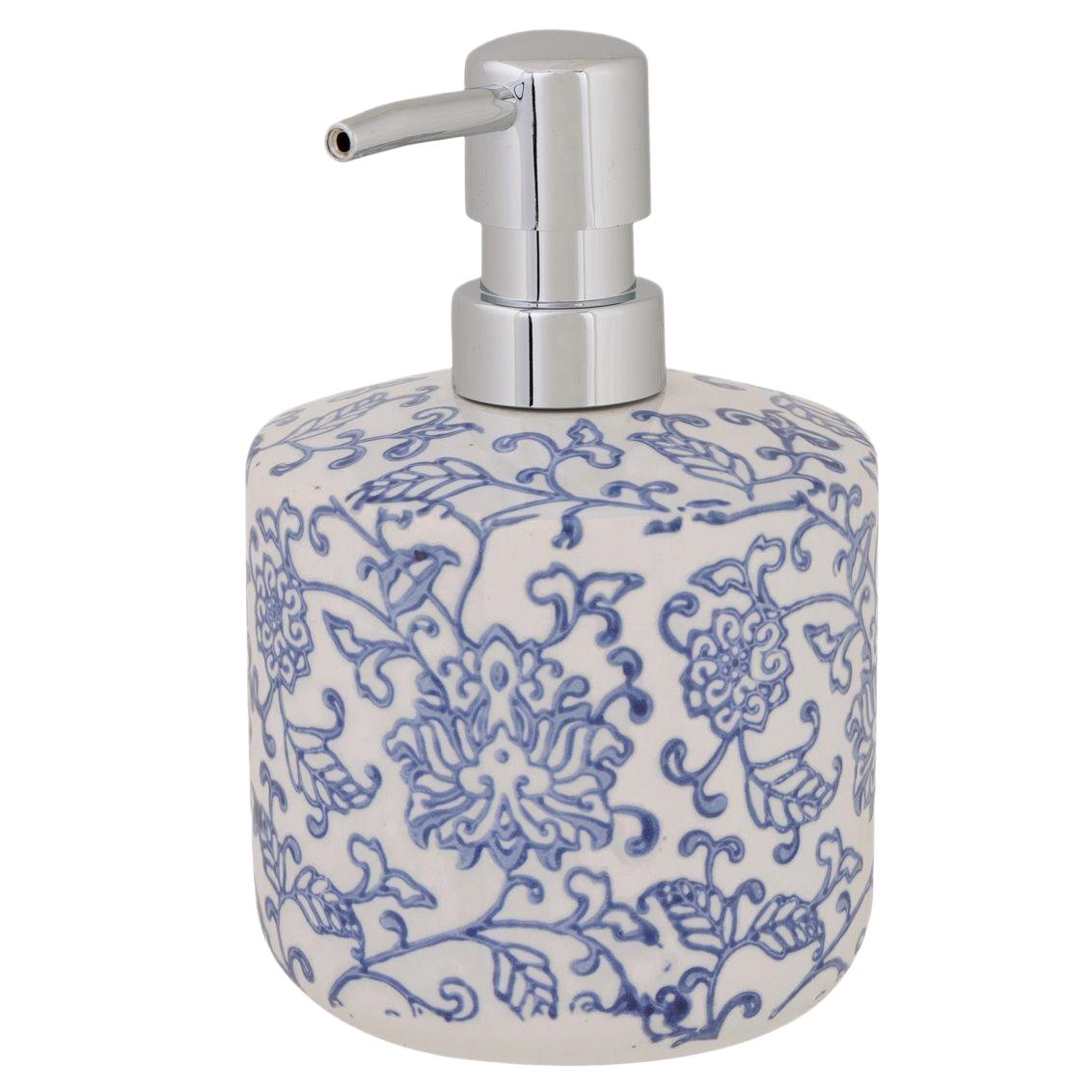 Ceramic soap pump with blue floral pattern and silver dispenser for elegant home bathroom accessory