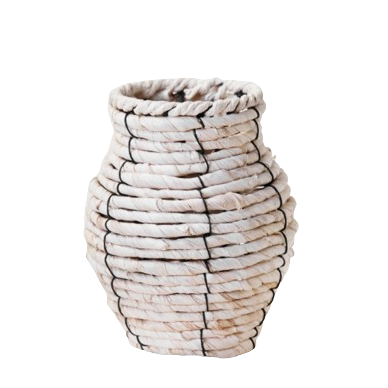 6.3 inch natural corn rope woven vase with subtle black threading for home decor use
