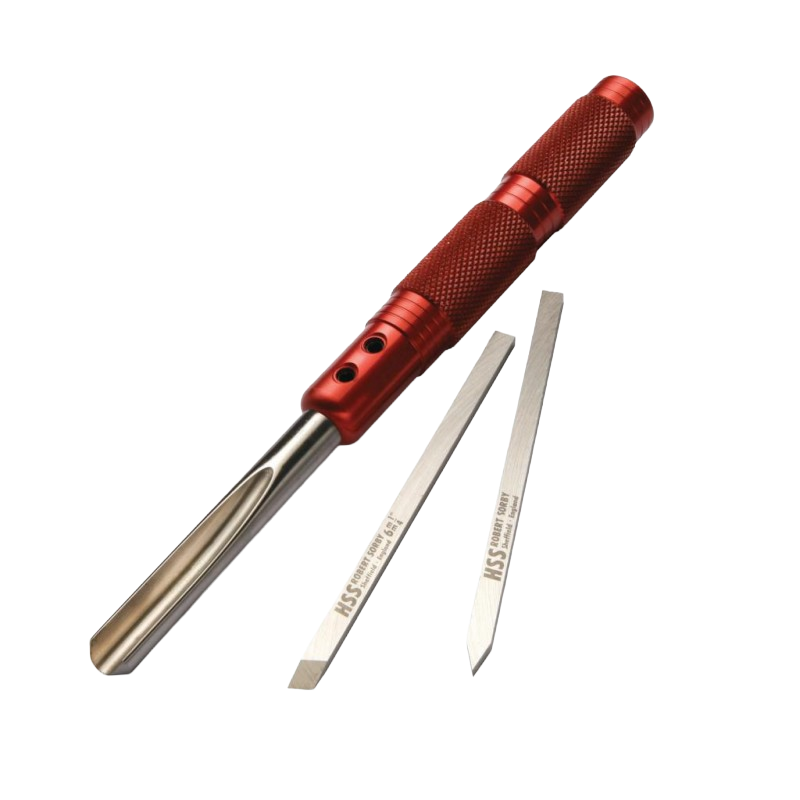Precision micro spindle turning tool with red textured handle and two interchangeable high-speed steel blades for woodworking projects