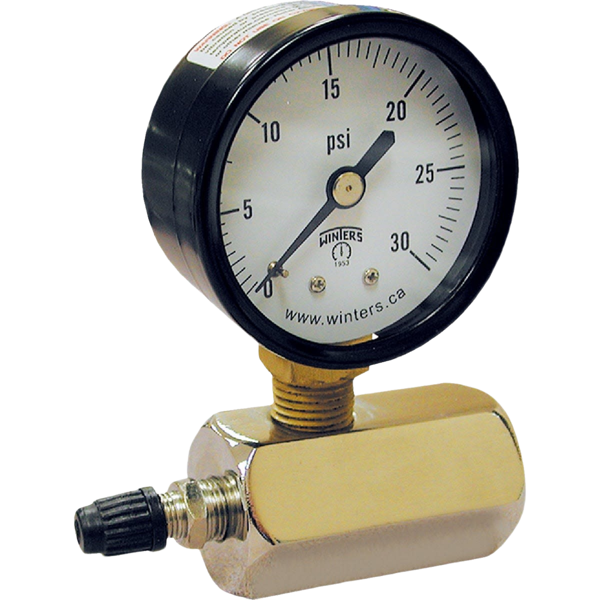 Pressure gauge assembly with brass fitting and black dial marked in psi for tools and home improvement use
