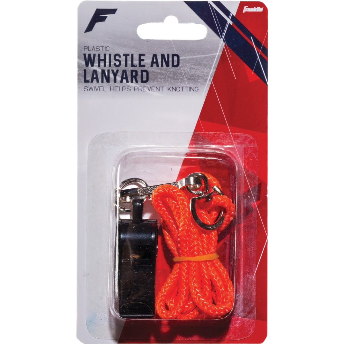 Black plastic whistle with bright orange braided lanyard featuring swivel clip for tool and home improvement use