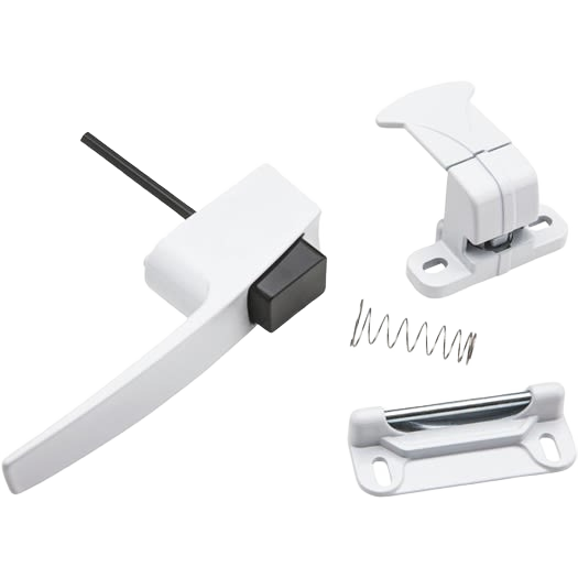White push button latch set with spring and metal strike plate for cabinet and furniture hardware installation