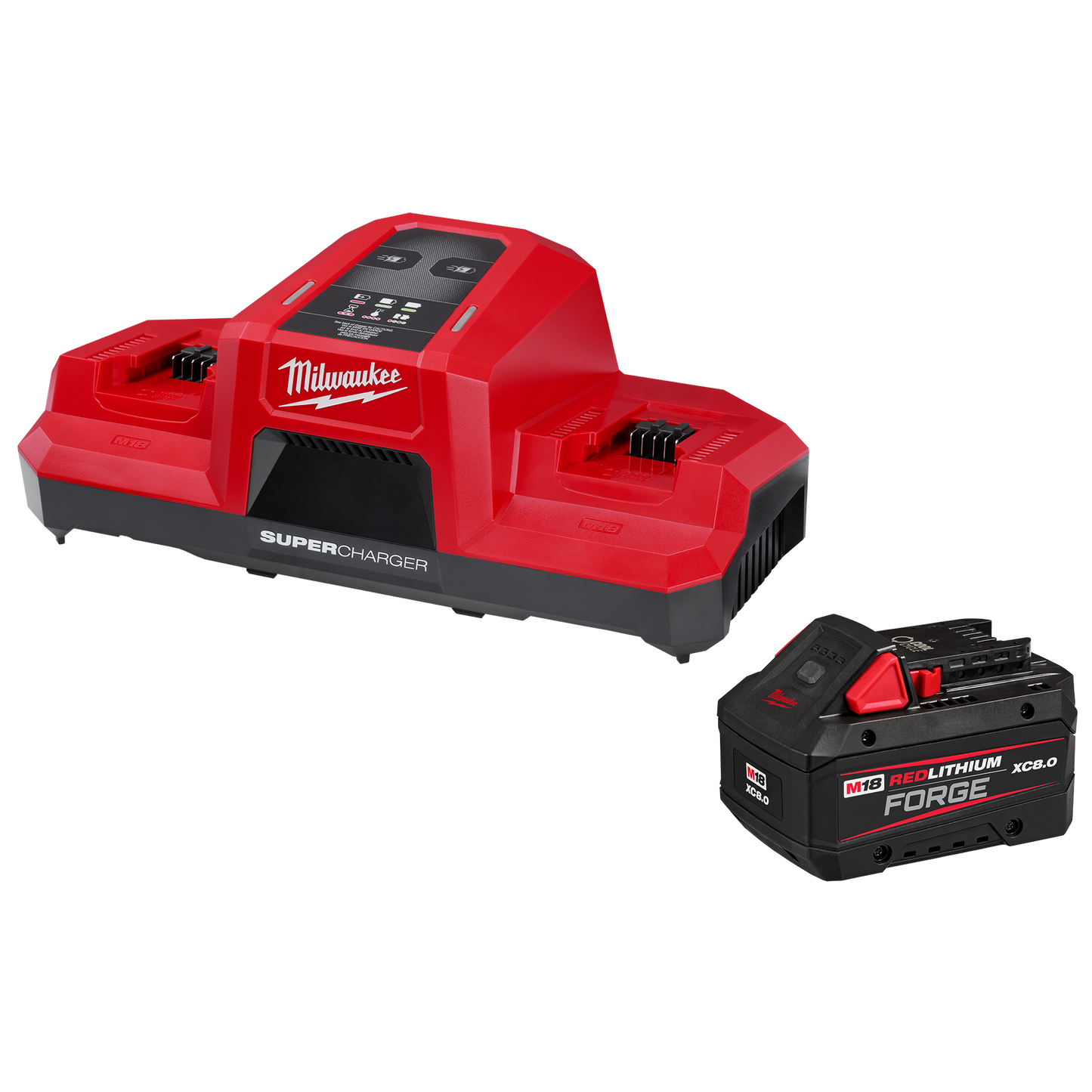 Milwaukee M18 18V Lithium-Ion REDLITHIUM FORGE 8.0 Ah Battery Pack with M18 18V Dual Bay Simultaneous Super Charger