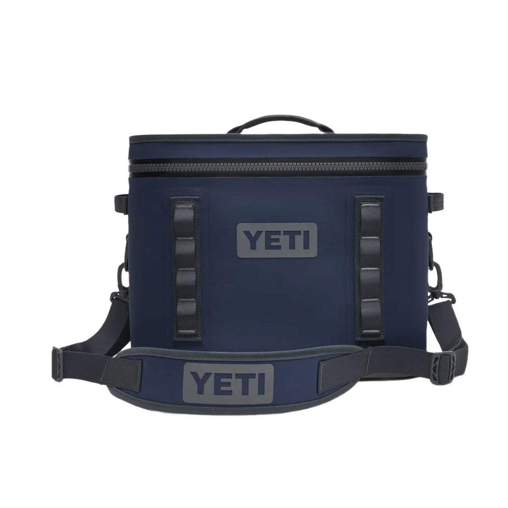 Navy blue soft cooler with reinforced straps and wide zip closure for food storage and organization collections