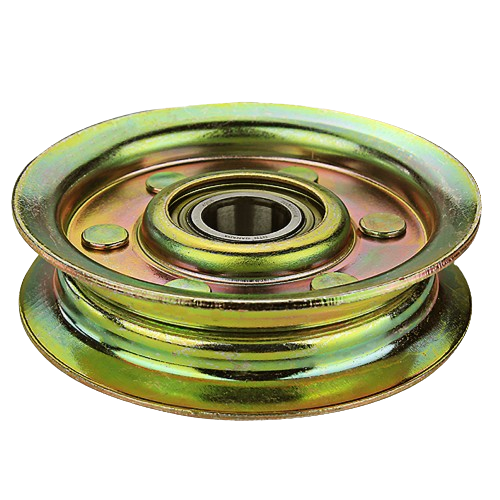 Metal powertrain drive idler with bearing for efficient operation in tools and home improvement applications
