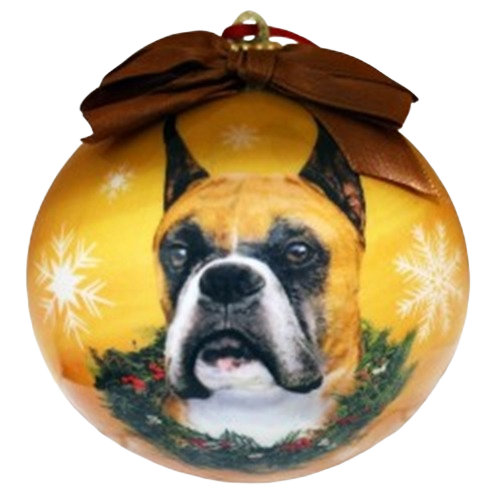 Yellow Christmas ball ornament with a detailed illustration of a cropped boxer dog and holiday wreath design
