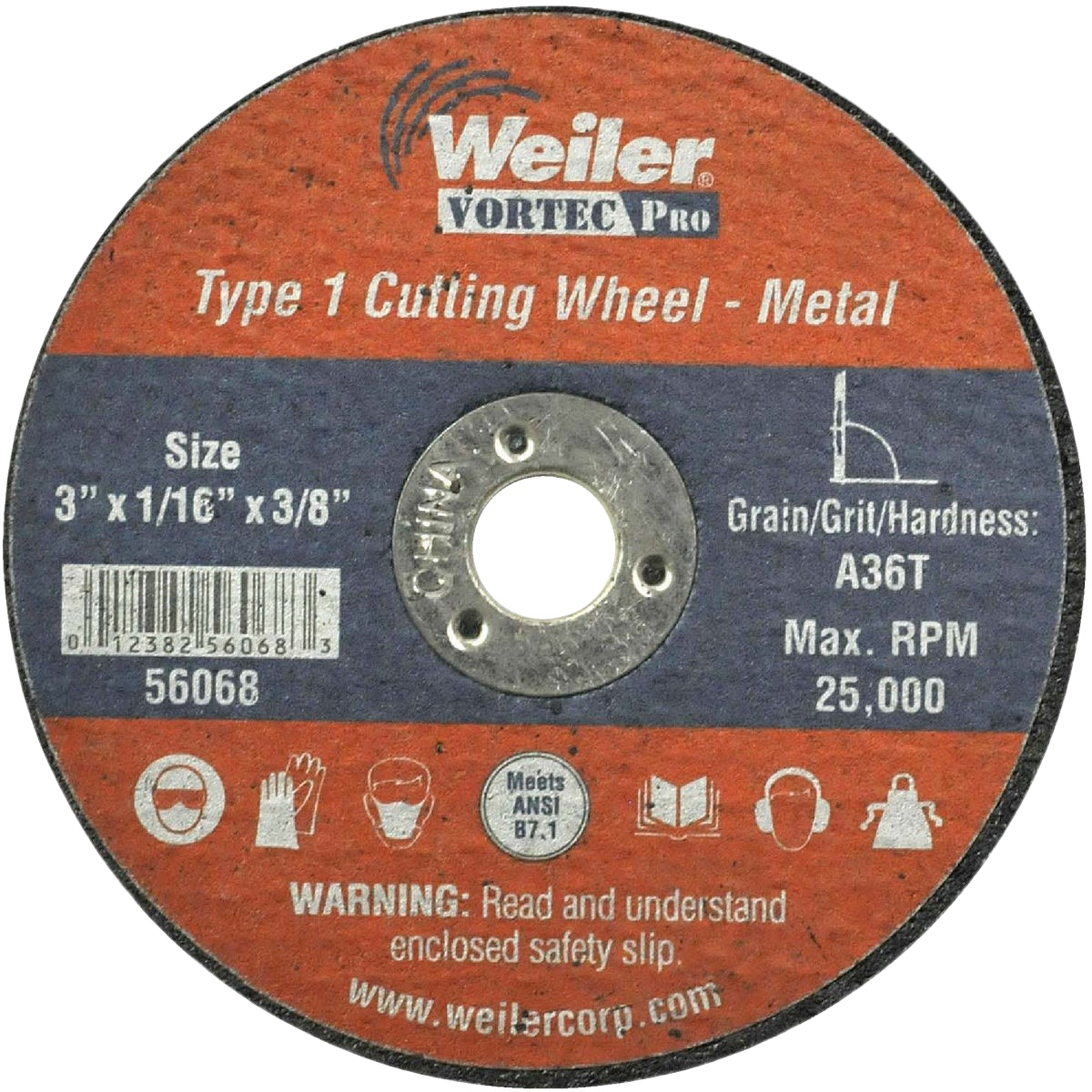 Round abrasive cut-off wheel for metal cutting with safety icons and ANSI B7.1 compliance label visible