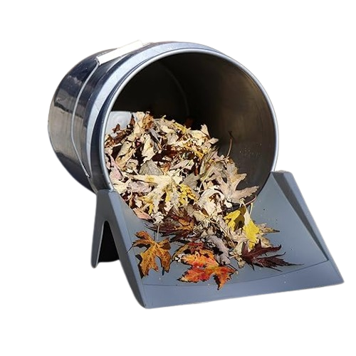 Gray plastic dustpan attachment for 5-gallon buckets, designed to collect leaves and debris in home improvement tasks