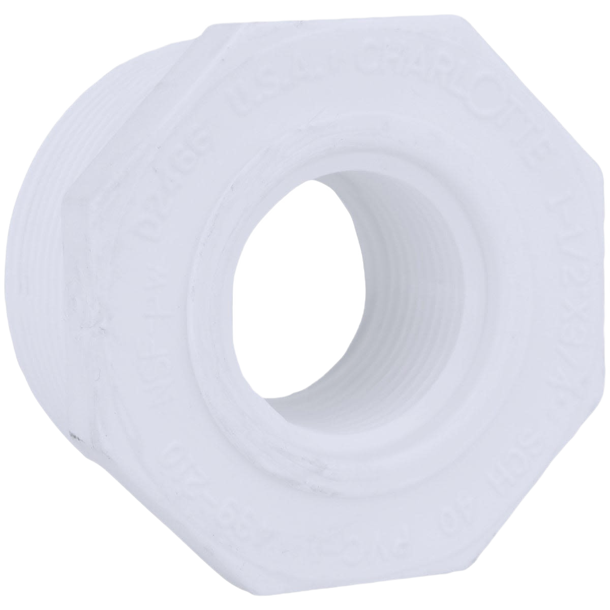 White PVC threaded bushing reducer fitting for plumbing and home improvement applications