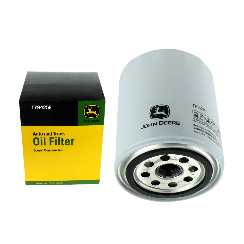 White cylindrical oil filter with metal base alongside black and yellow John Deere branded packaging for automotive use