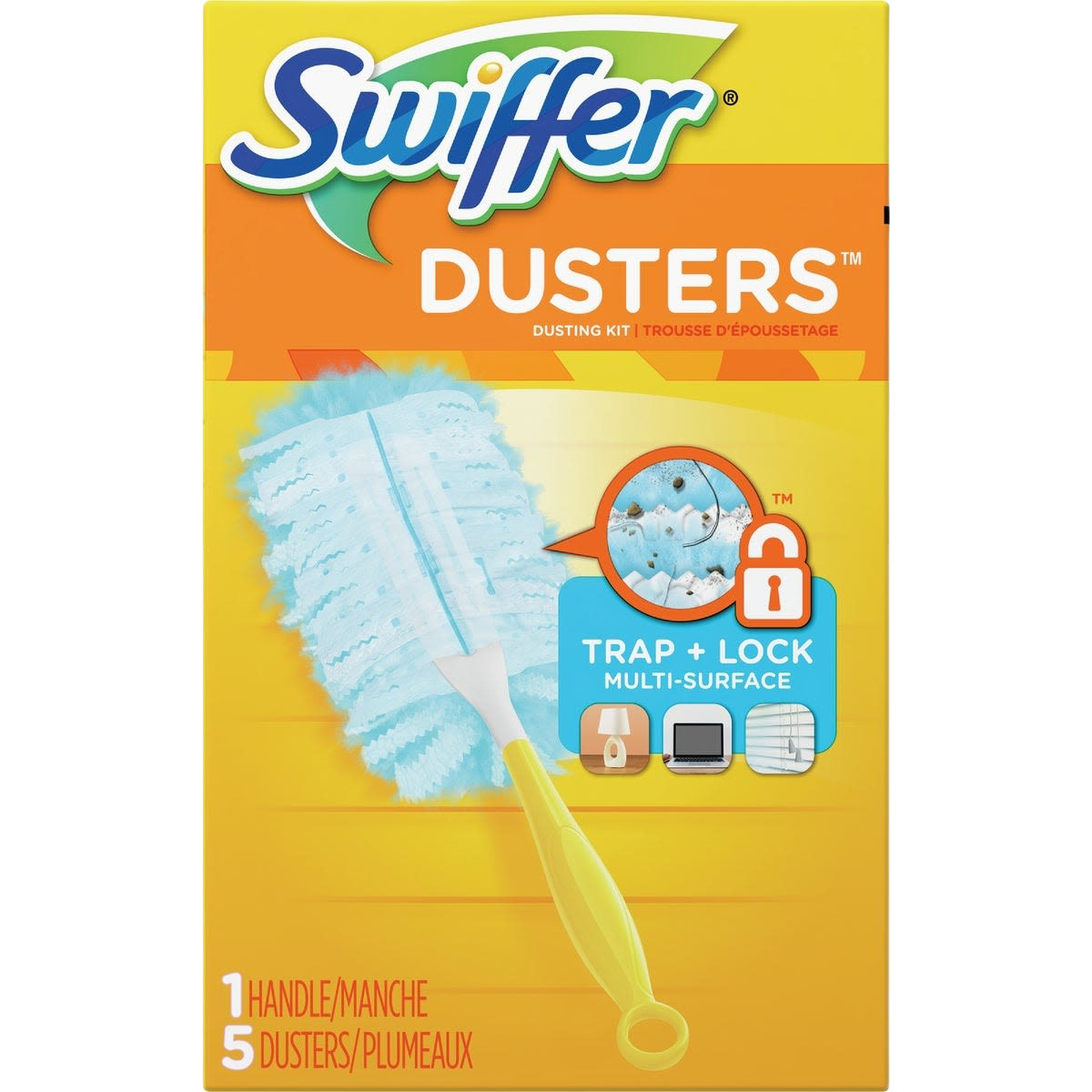 Cleaning duster kit with yellow handle and microfiber pad for trapping dust on multiple surfaces in cleaning tools category